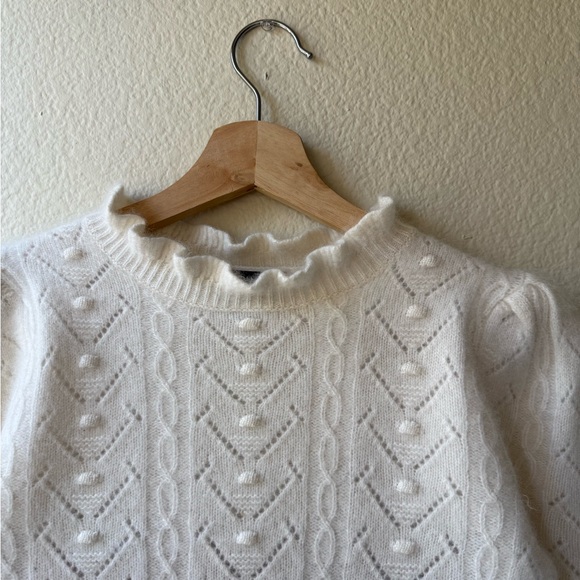 AQUA 100% Cashmere White Cropped Sweater Puff Sleeve Pointelle Knit XS - Picture 3 of 13